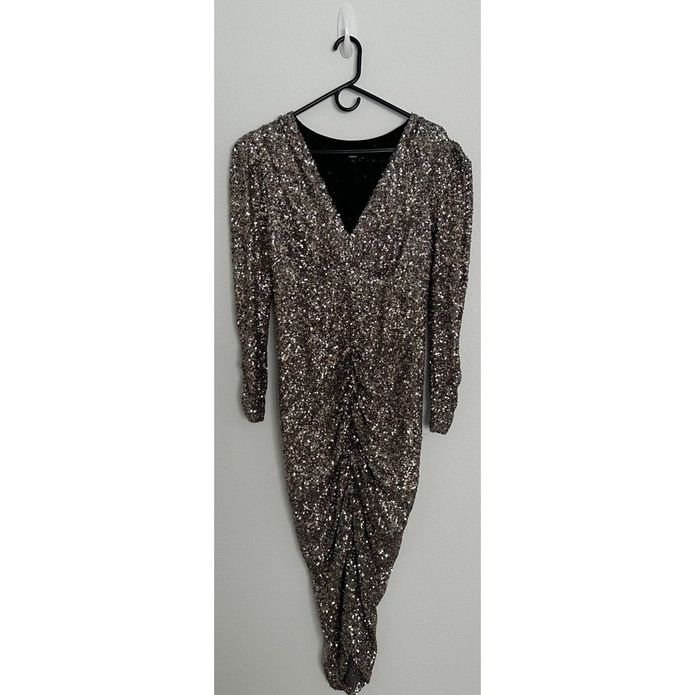 Sequin V-Neck Puff Sleeve Ruched Midi Sheath Dress